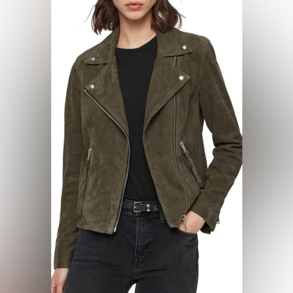 All Saints Dalby Suede Biker Jacket in Green Size 6